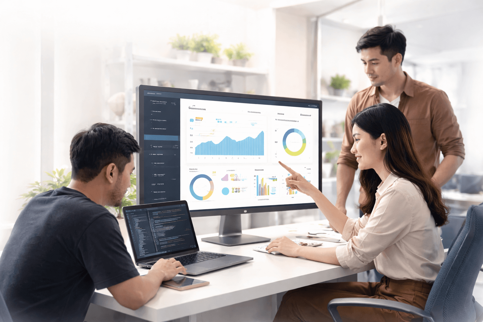 Team collaborating in front of analytics dashboard